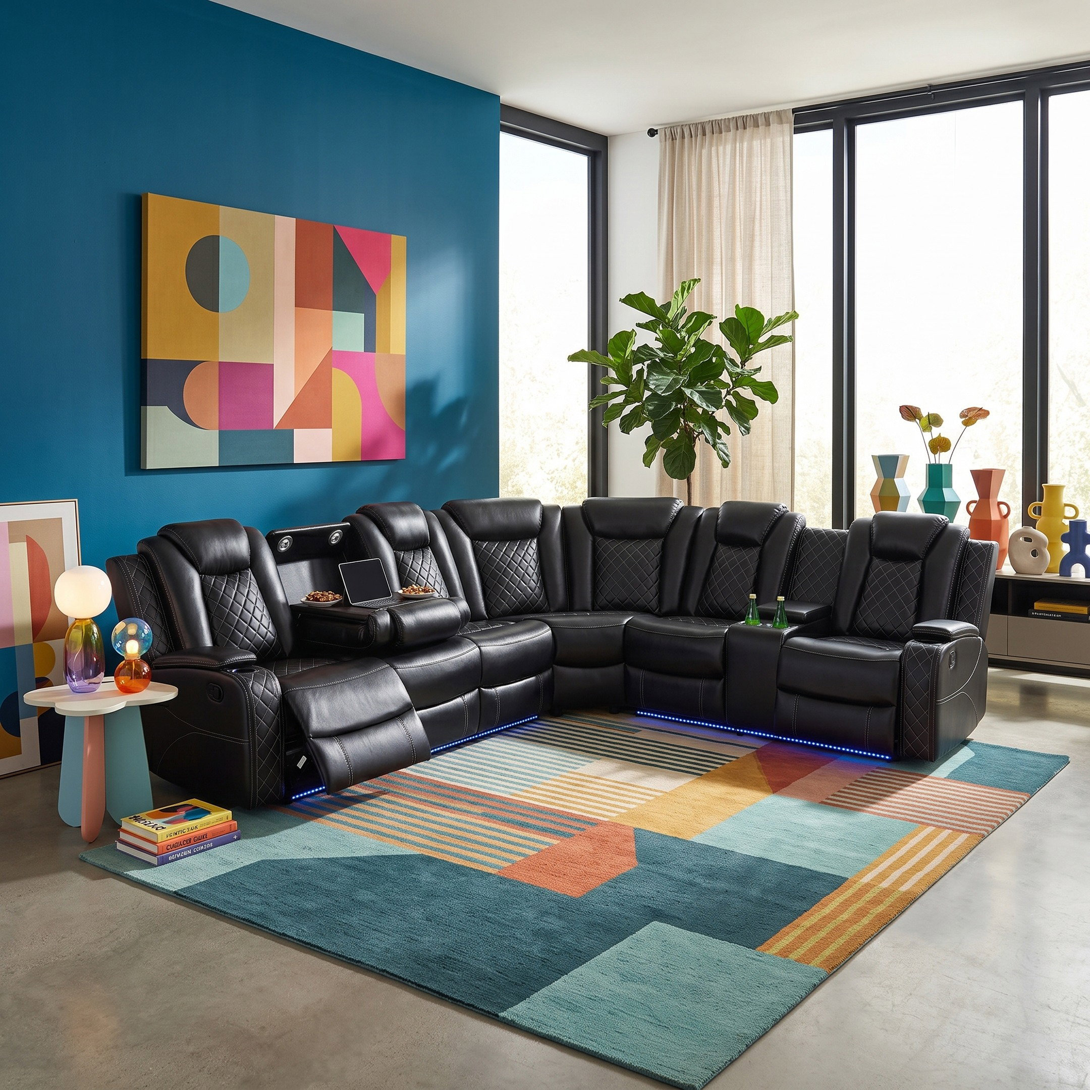 Ivy Bronx Black Breathing Leather Electric Sectional Recliner Sofa